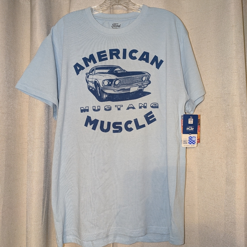 Ford Light Blue Tee with Navy 'American Mustang Muscle' Graphic